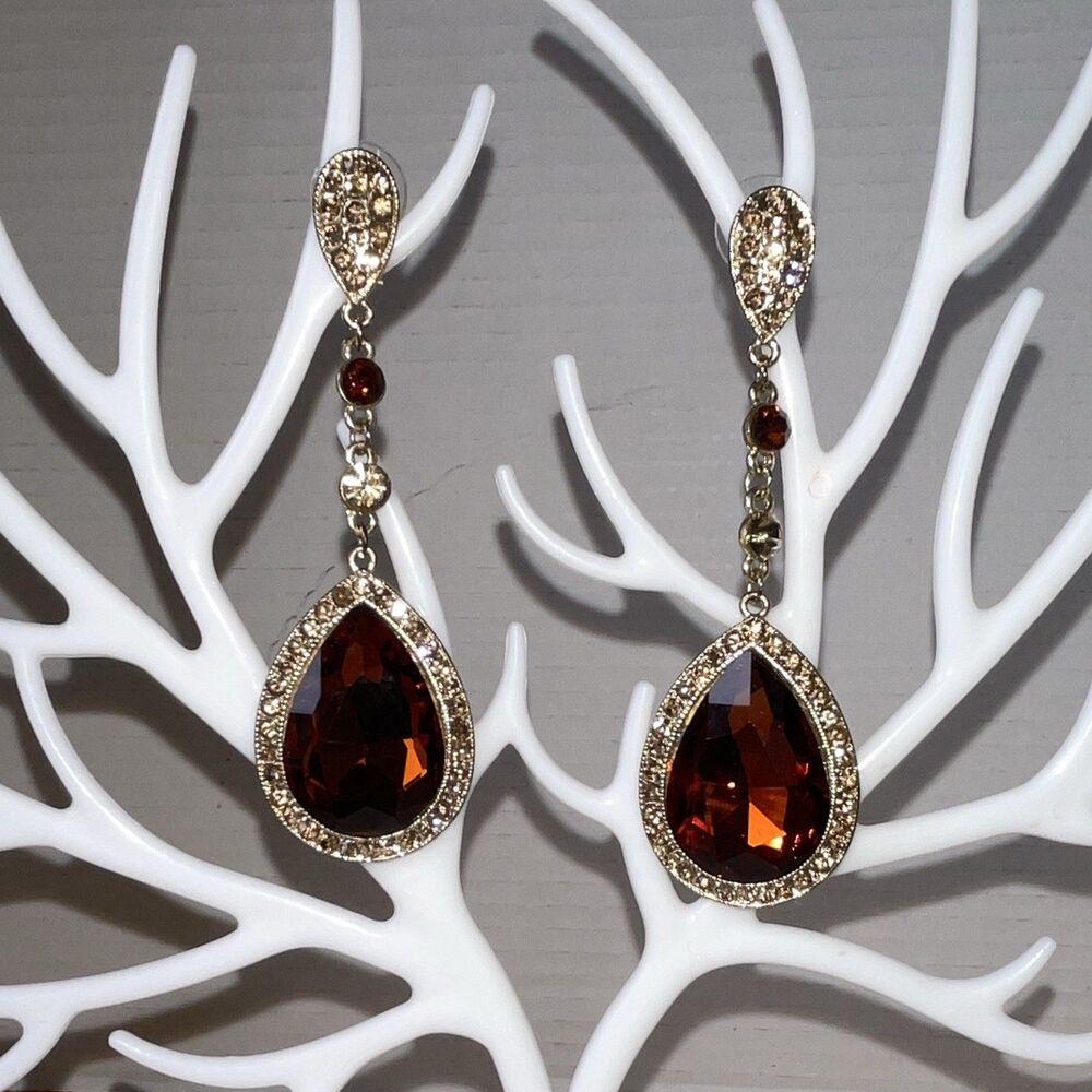 Dark Cognac Teardrop Crystal Pavé Rhinestone Dangle Earrings Gold Tone Studs